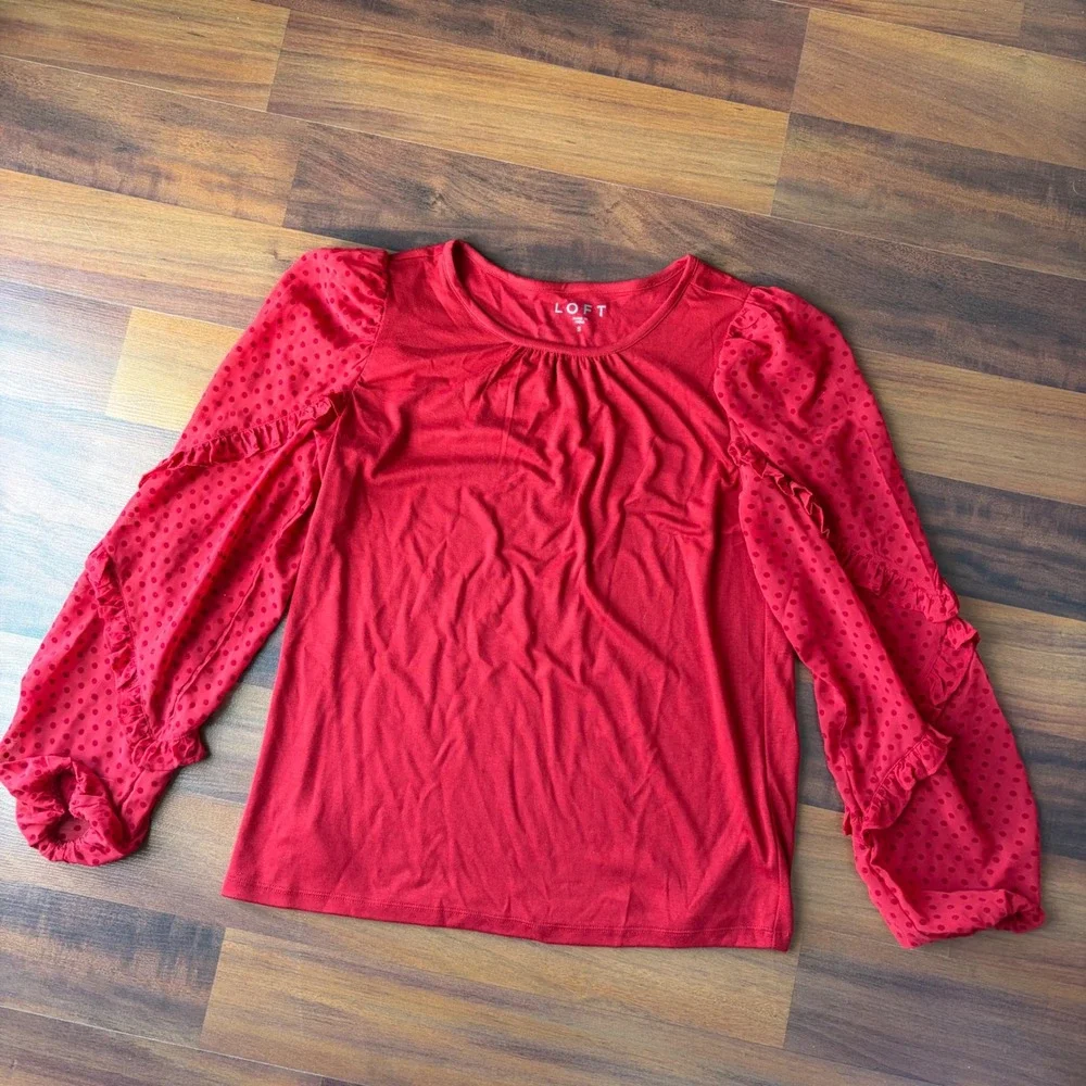 LOFT Red Romantic Polka Dot Ruffle‎ Sleeve Gathered Neck Top Size S